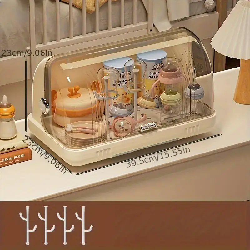 Baby Bottle Storage Box with Drainage and Dustproof Cover, Baby Utensil Drying Rack for Water Cups, Non-Contact Food, 4 Draining Racks, Suitable for Two Scenes 4