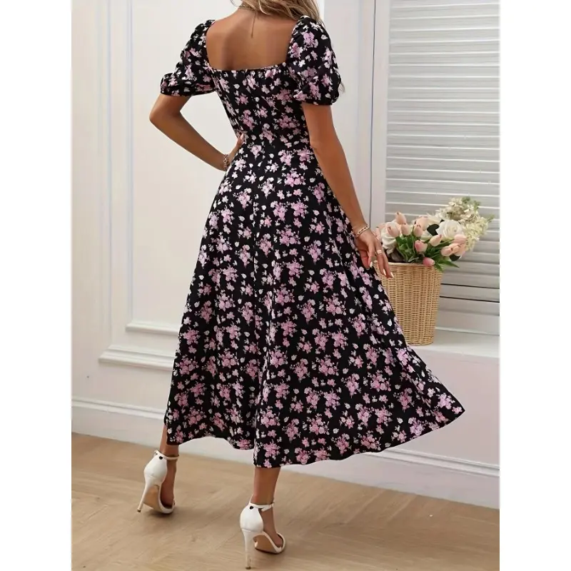 Floral Print Puff Sleeve Dress, Chic Split Hem A-line Dress For Spring & Summer, Women's Clothing Casual Womenswear Comfort Bohemian Boho Fitted Multicolor Shortsleeve Formal 4