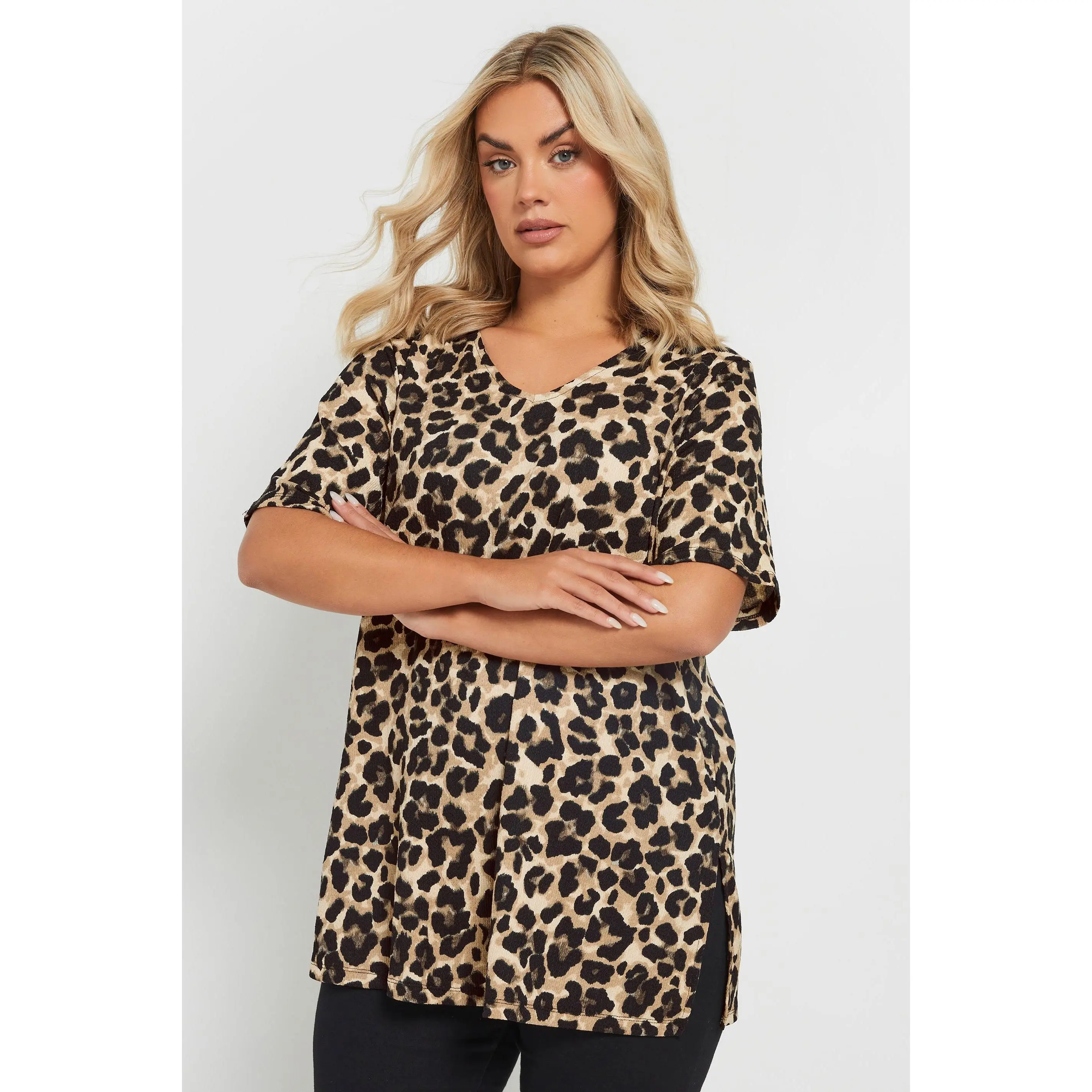 YOURS Curve Natural Brown Leopard Print Textured Top