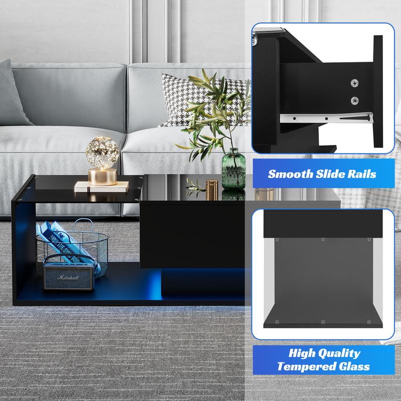 LED Coffee Table, Modern High Gloss Coffee Table, Center Table with Glass, Modern Coffee Table for Living Room with Drawer (Black) 6
