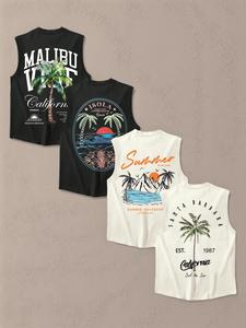 Men's Letter & Tropical Print Round Neck Tank Top, Regular Fit Casual Sleeveless Crewneck Vest for Summer Island Vacation, Men's Top for Daily Wear, Mens Graphic Clothing, Menswear, Summer Clothes, Breathable Tank Tops, Streetwear Tank Vest