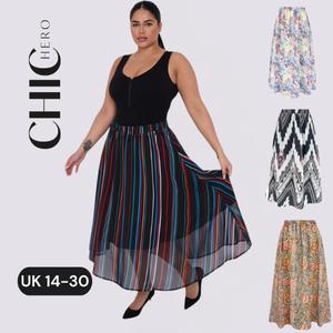 ChicHero High Waist Floral Print Chiffon Midi Skirt for Women UK 14-30 Elasticated Waist Lightweight Flared Skirt All Seasons Comfortable Essential