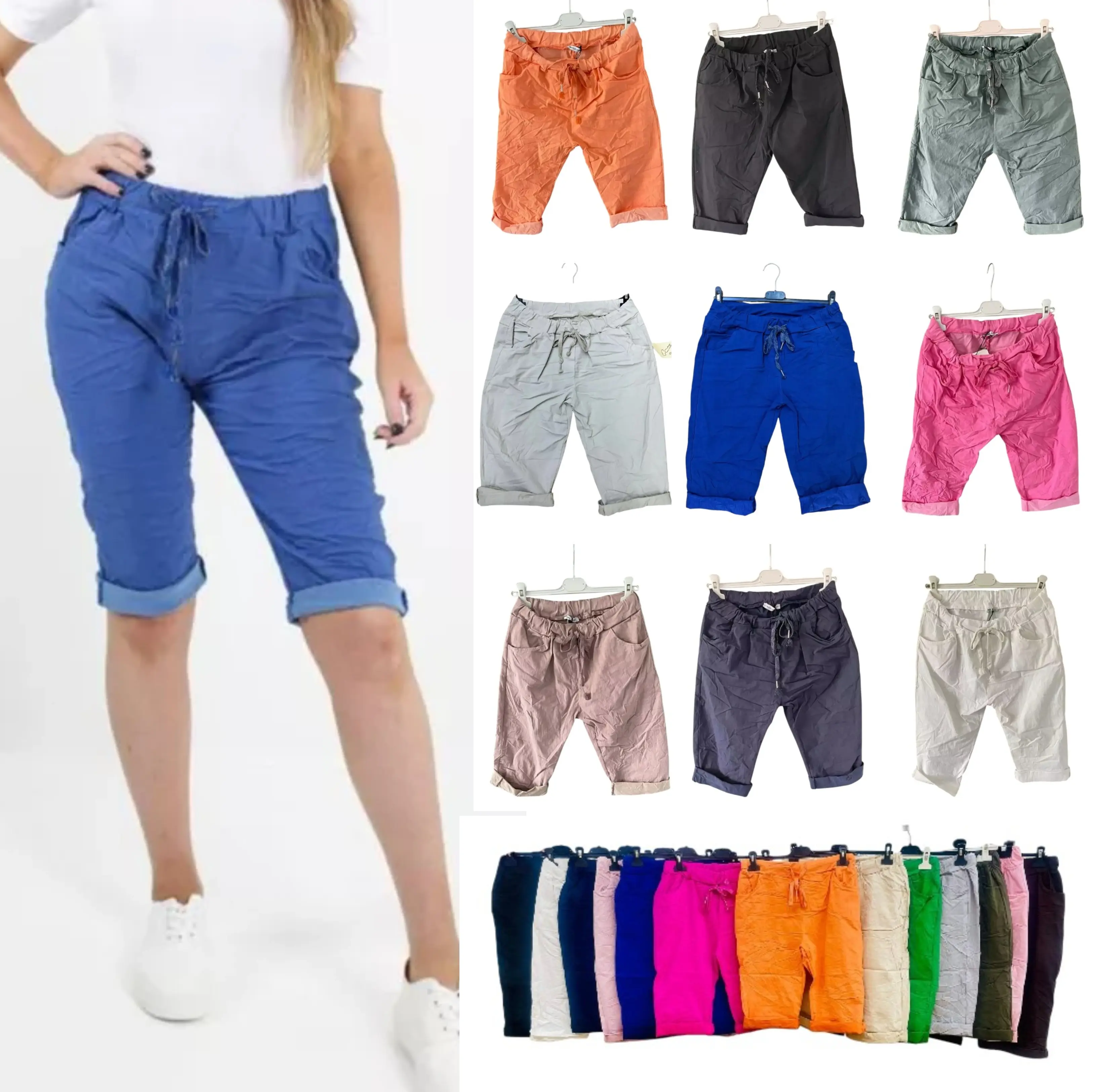 Ladies Italian Plain Magic Shorts Pants with Elasticated Waist and Drawstring Side Pockets for Summer Outdoor Activities - Basic, Bottom, Comfortable, Womenswear, Comfy, Fit