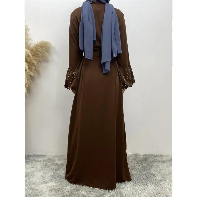 Women's Faux Pearls Decor Tie Front Abaya Without Hijab, Modest Long Sleeve Maxi Abaya, Summer Outfits 2024, Muslim Clothes For Women 6